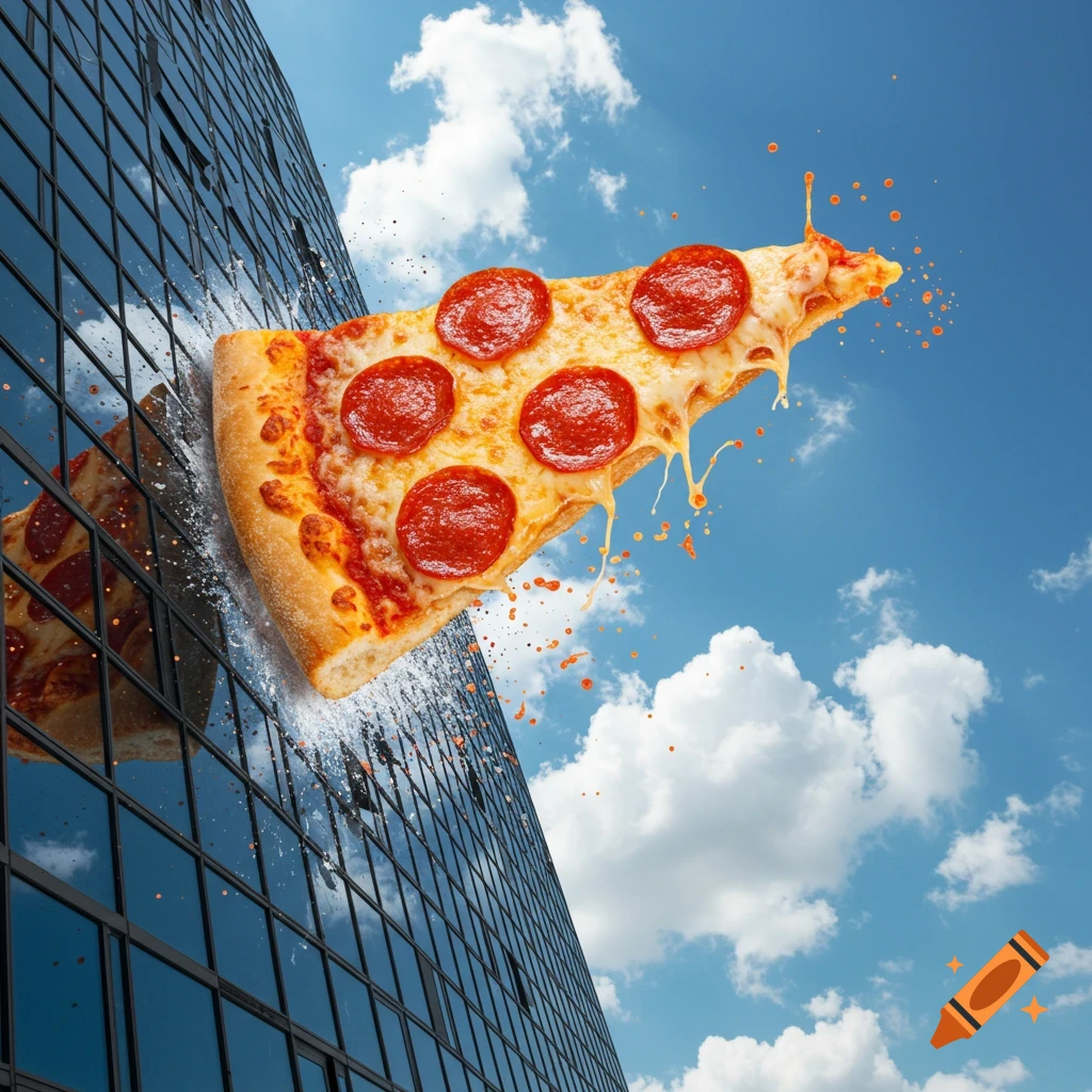 A slice of pepperoni pizza splatters against a glass skyscraper under a blue sky.