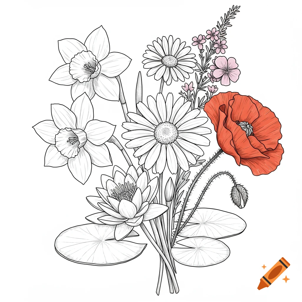 A black and white line drawing of a flower bouquet, with a single red poppy. Features daffodils, daisies, a waterlily, and lily pads.
