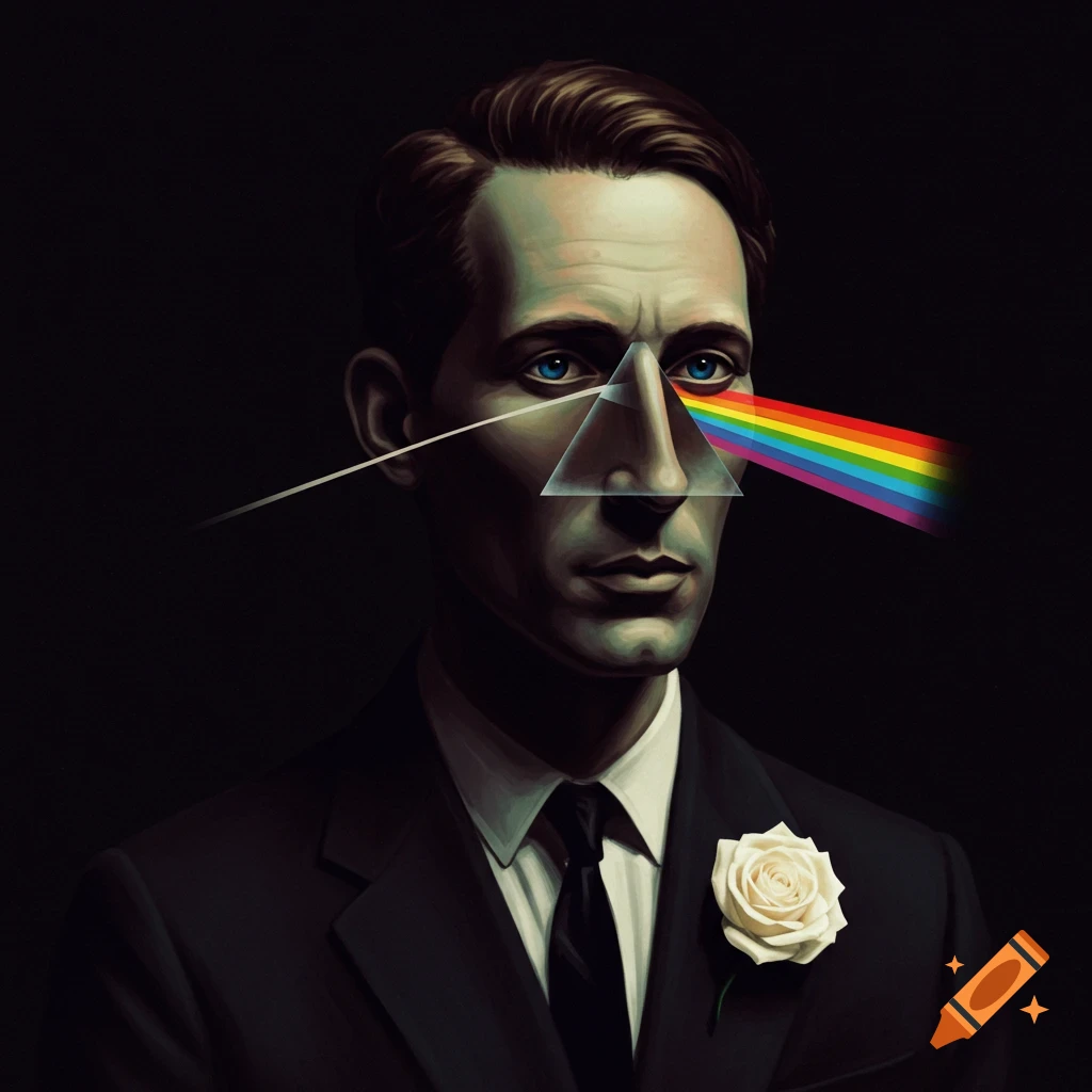 A man with a prism refracting rainbow light across his face, wearing a suit and rose.