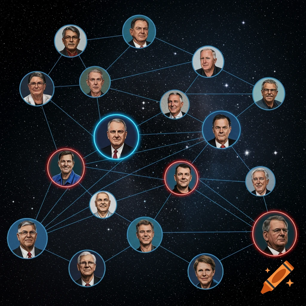 A network graph in space connects circular portraits of people.