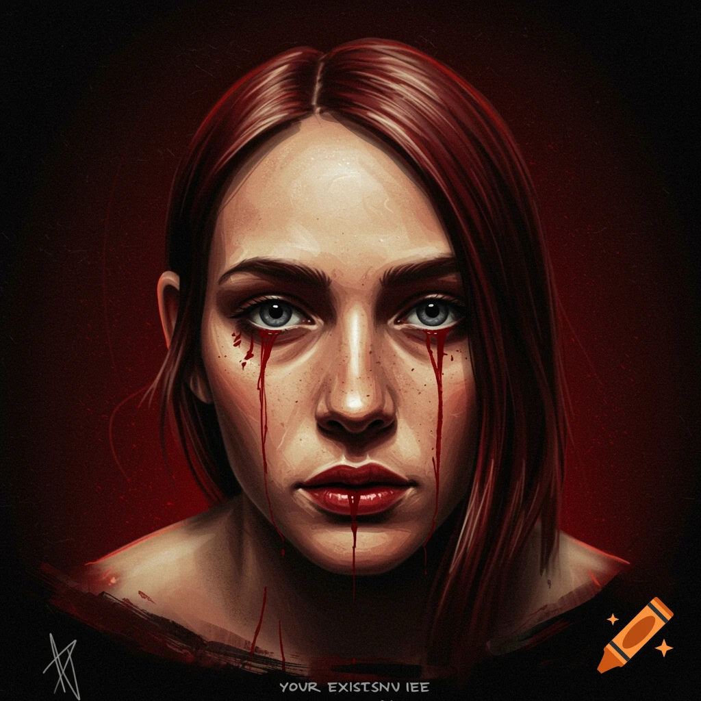 A woman's face with red streaks from her eyes against a dark red background.
