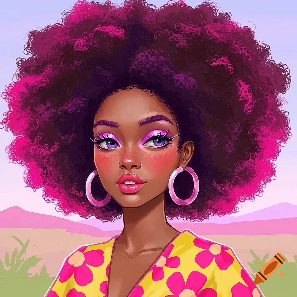 Stylized digital portrait of a woman with bright pink and purple afro hair, pink makeup, and a floral dress.