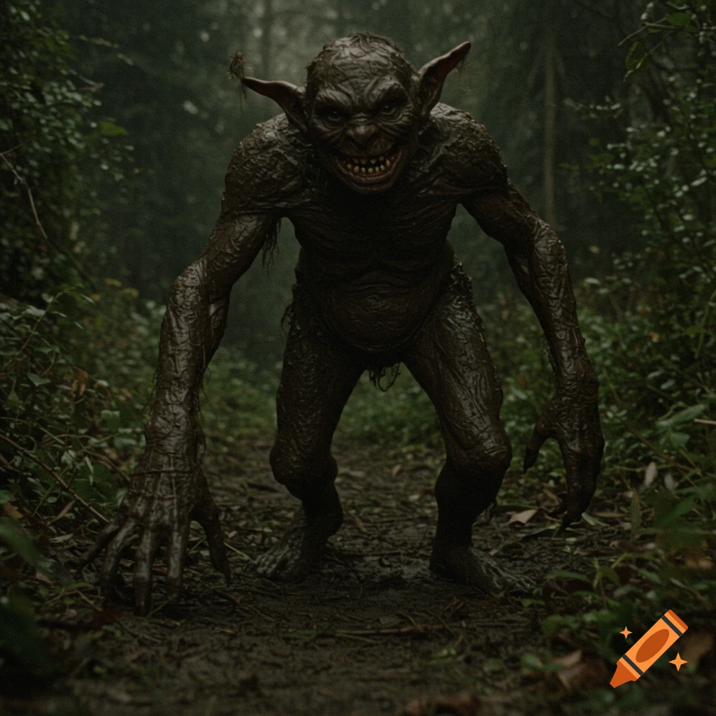 Realistic depiction of a muddy goblin creature standing on a path in a dark forest.