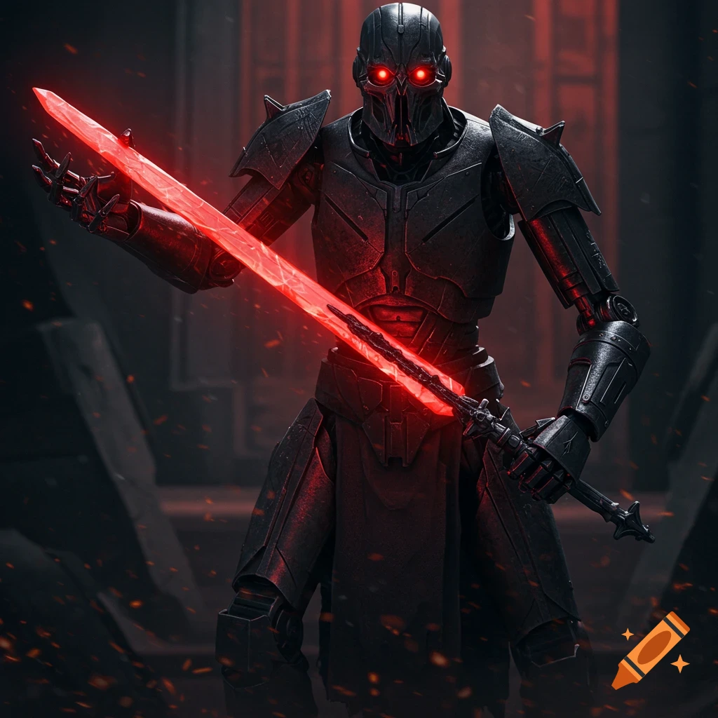 Dark armored robot holding a glowing red sword