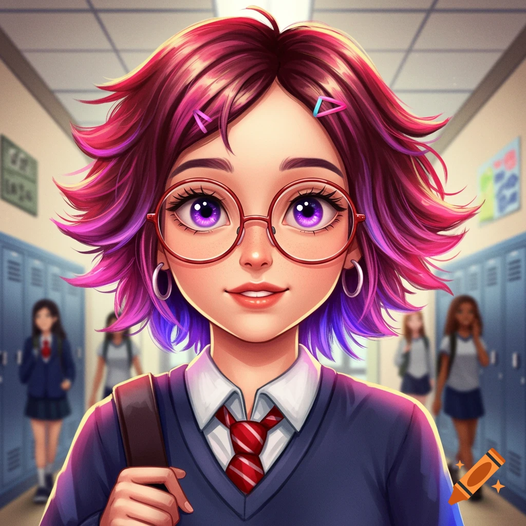 Anime-style depiction of a high school girl with purple hair and glasses in a school hallway.