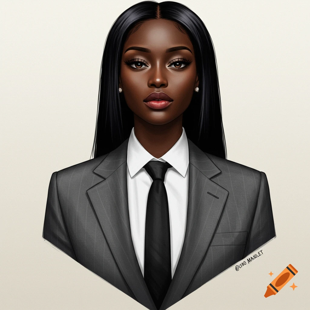A Black woman with straight black hair and brown eyes, wearing a white shirt, black tie, and gray suit.