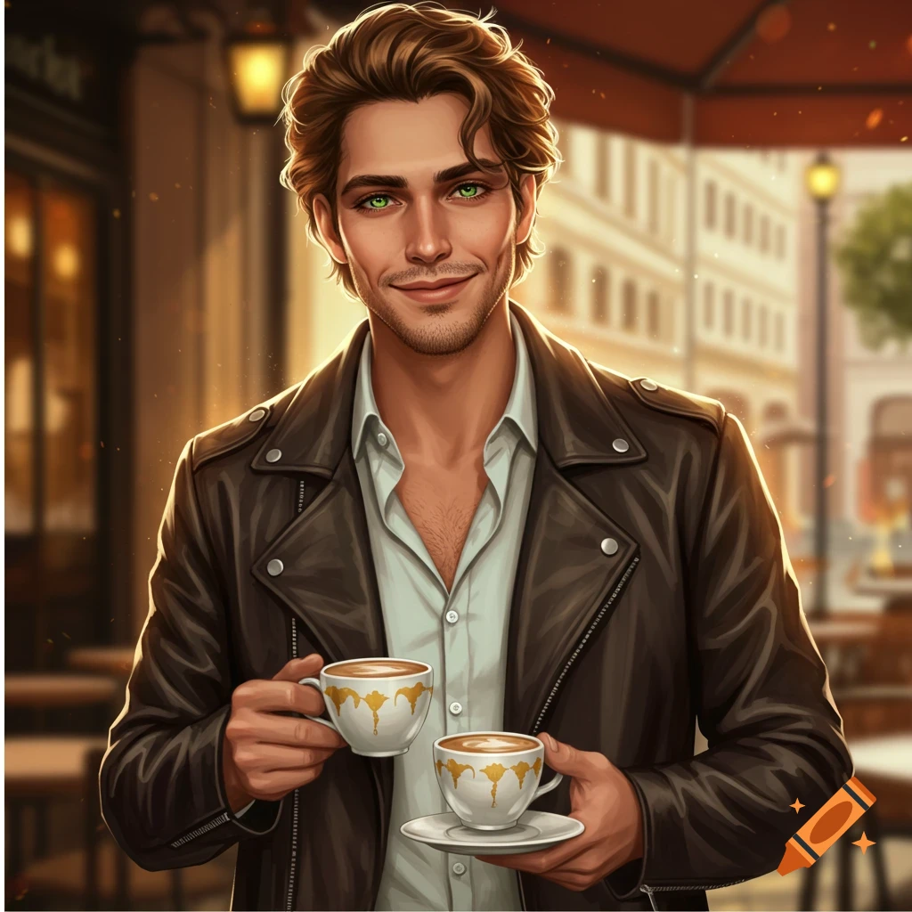 A man in a leather jacket is holding two coffee cups in a sunlit cafe.