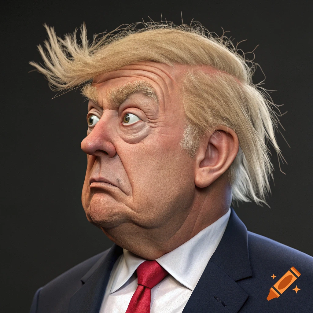 3D caricature bust of Donald Trump with distorted features and messy hair.
