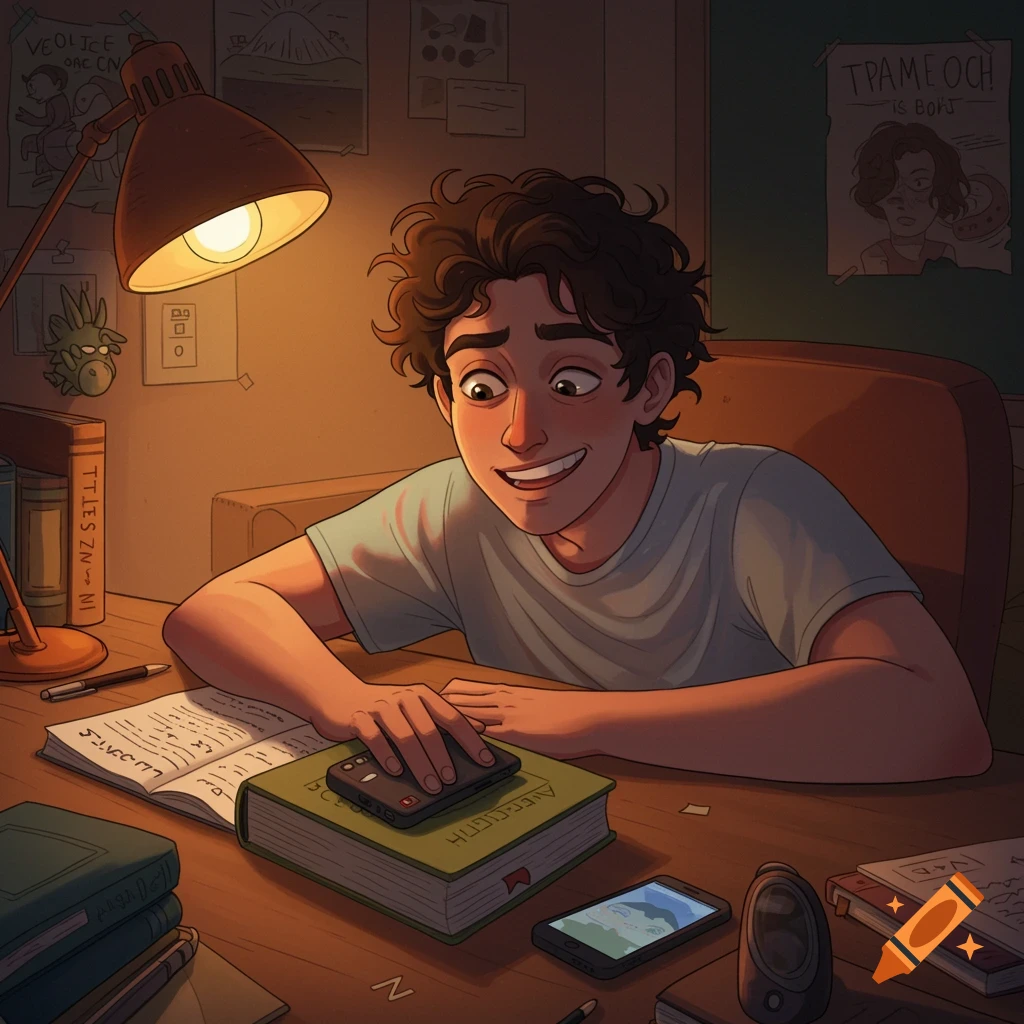 A young man attempts to hide his phone under a textbook while studying at a desk.