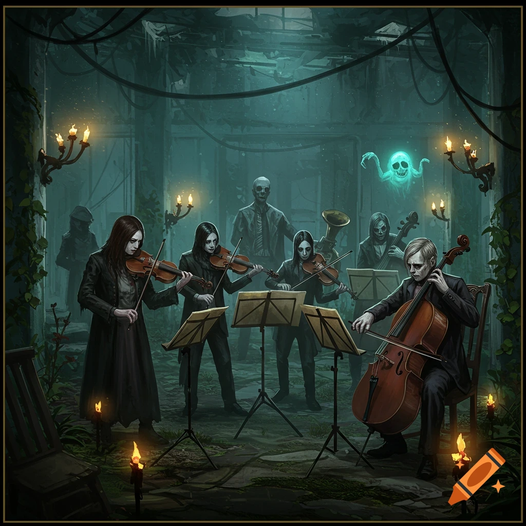 A spooky orchestra of ghoul-like figures and skeletons plays in a ruined hall, illuminated by candlelight and a lone ghost.