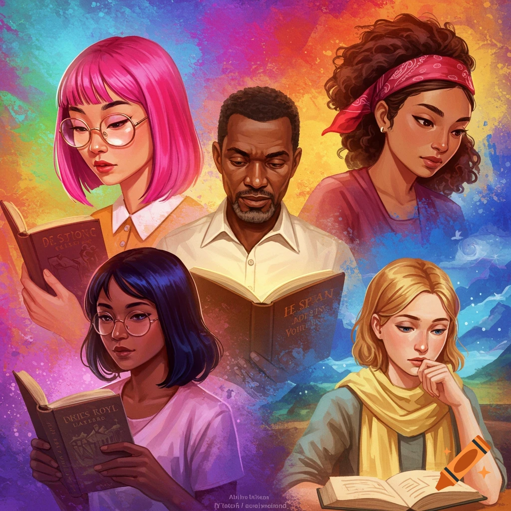 Diverse people reading books in a colorful setting.