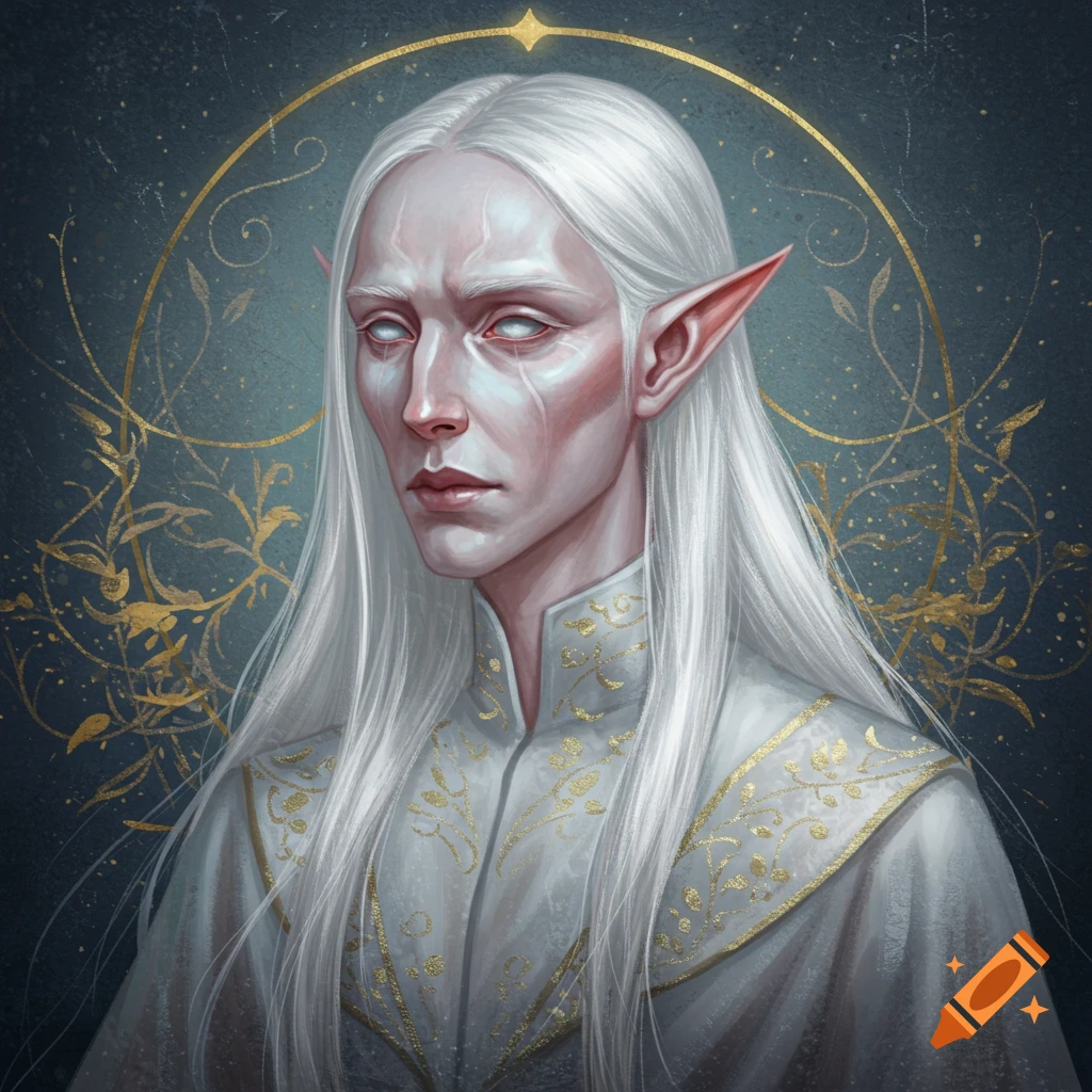 Portrait of a high elf with white hair, pale skin, and gray eyes.