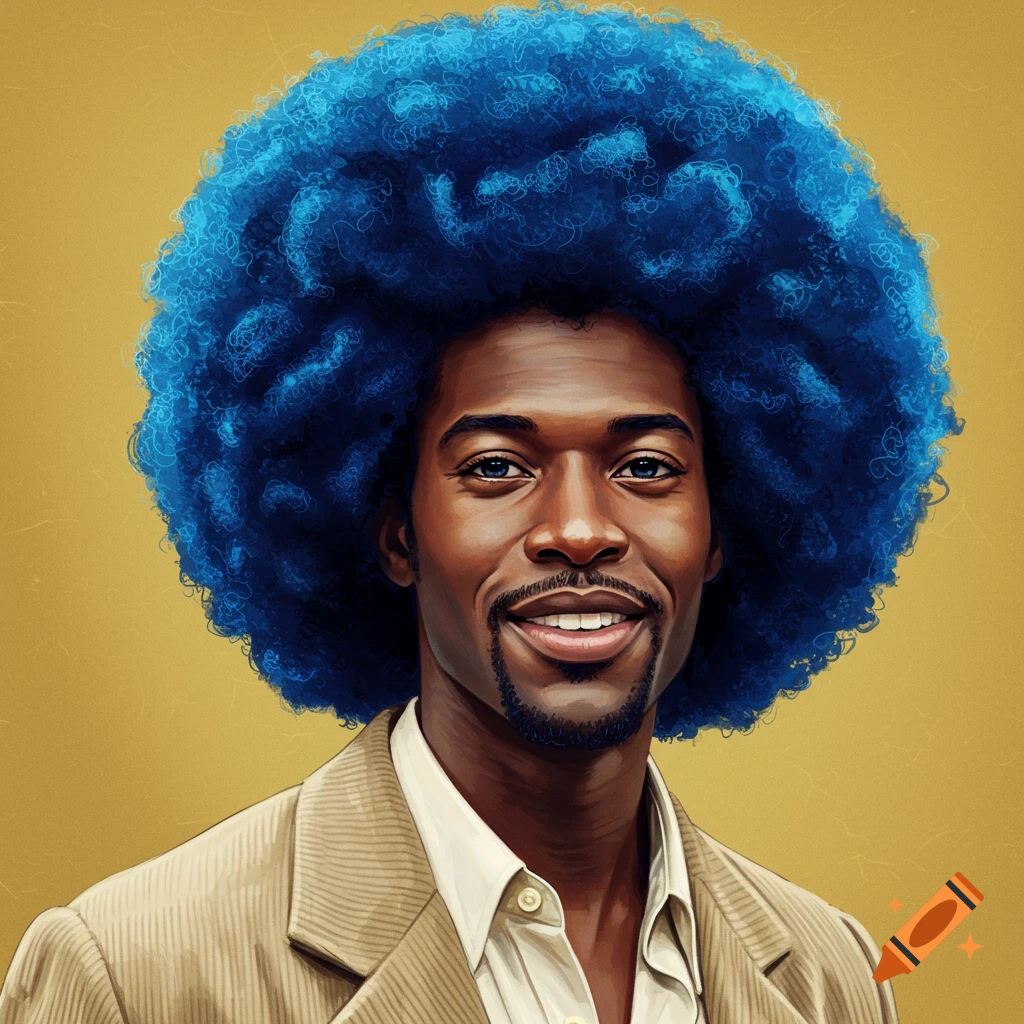A smiling Black man with a large blue afro, wearing a tan suit.