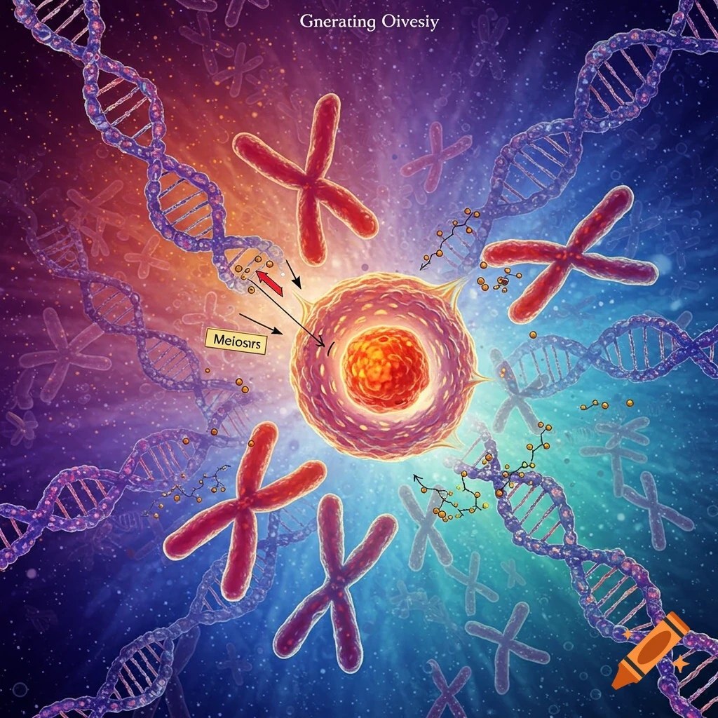 Illustration illustrating meiosis with DNA strands, chromosomes, and a central cell.