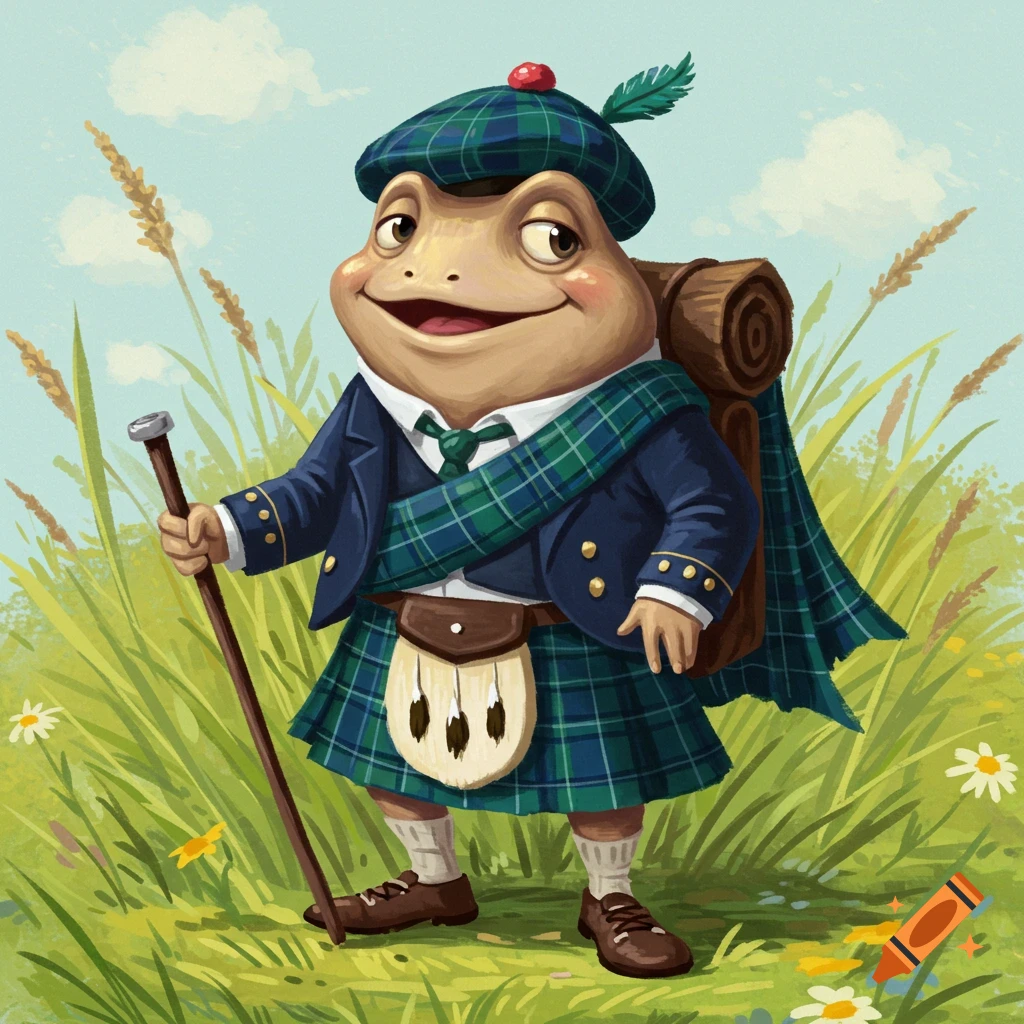 A frog in a kilt and matching hat stands in a field, holding a walking stick.