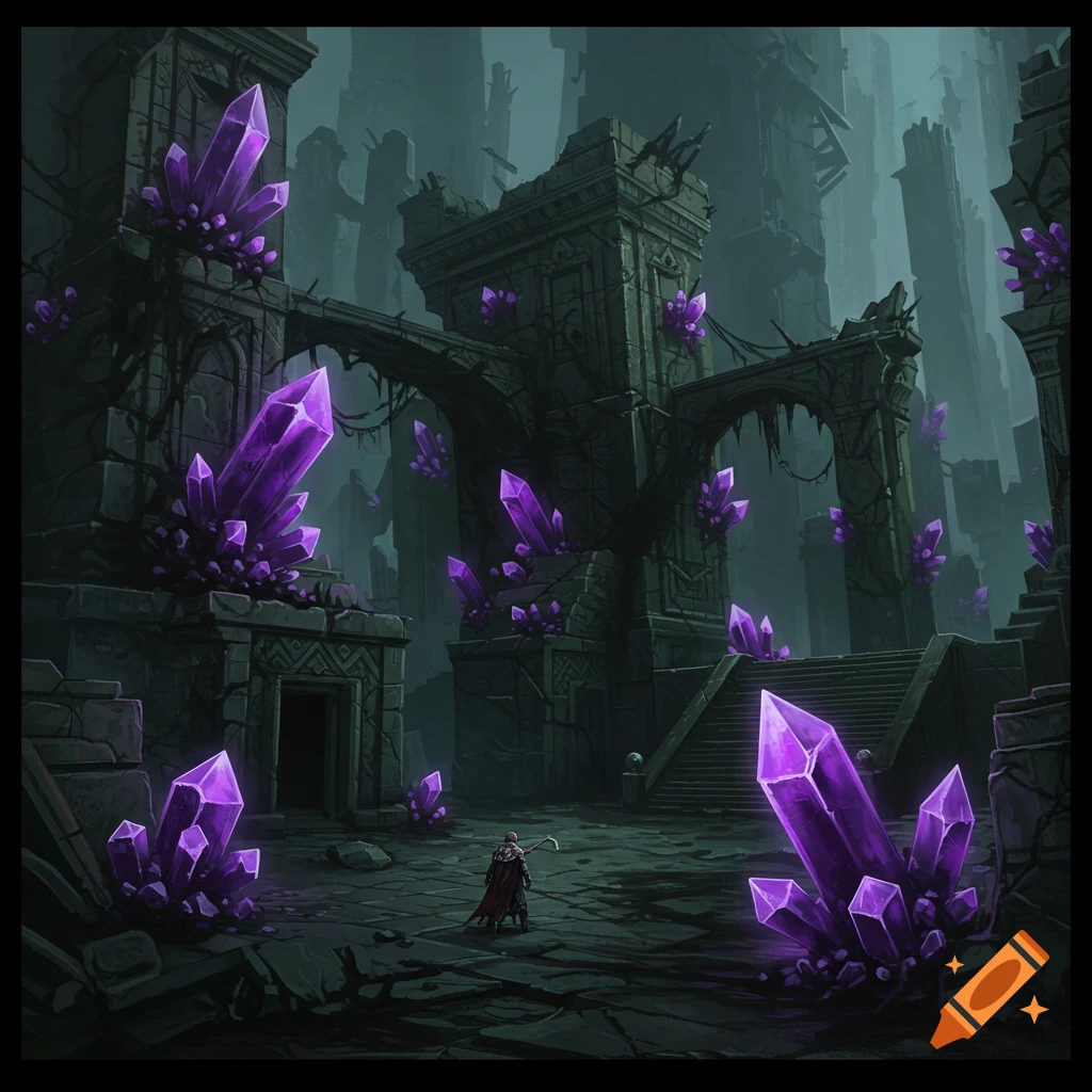 Ancient ruins covered in glowing purple crystals with a figure in the foreground.