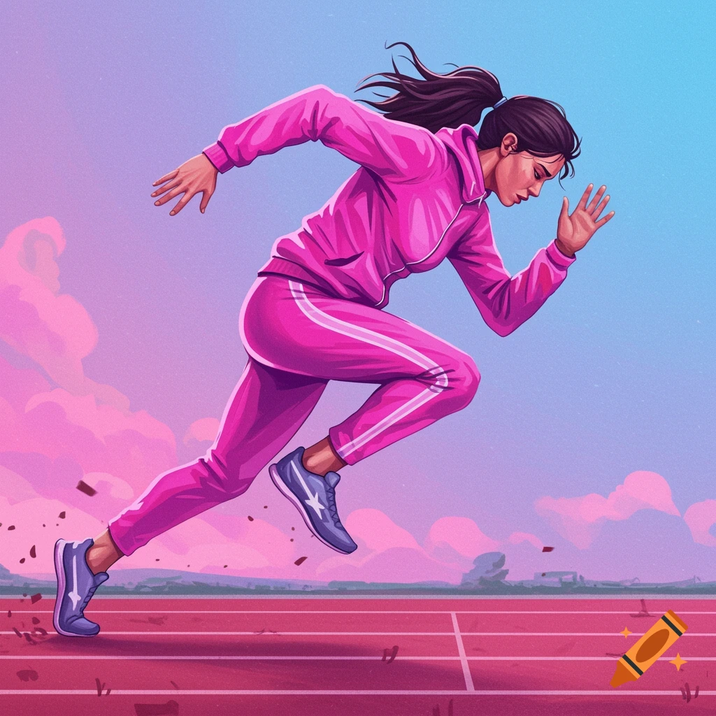 A woman in a pink tracksuit is running on a track.