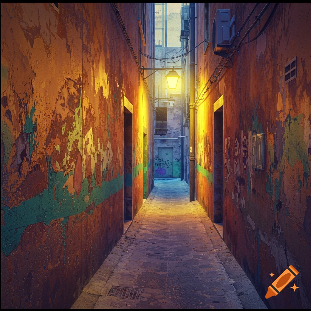 A narrow, dimly lit alleyway between buildings with peeling paint and graffiti, illuminated by street lamps.