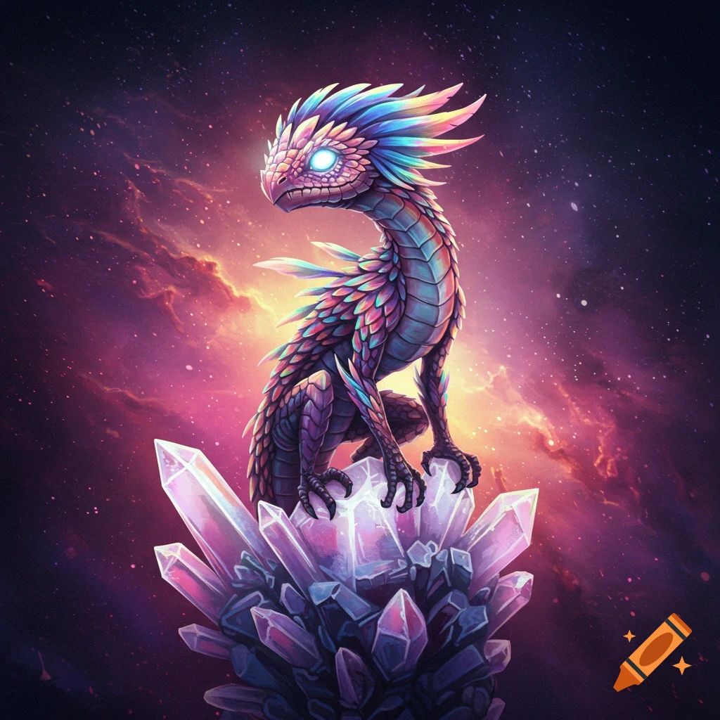A colorful fantasy creature sits atop a cluster of crystals in space.