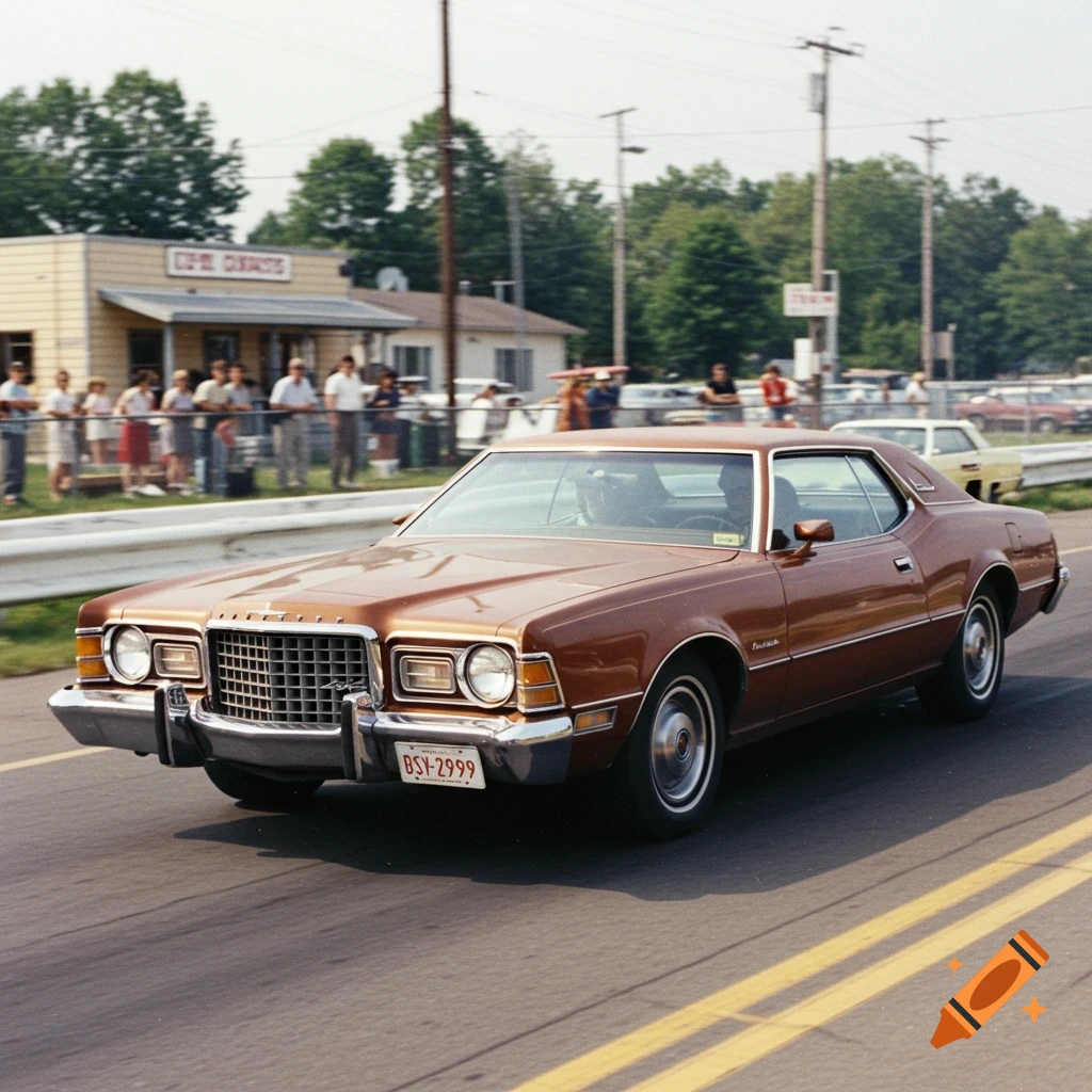 A brown 1970s Ford Thunderbird drives on a track with spectators in the background.
