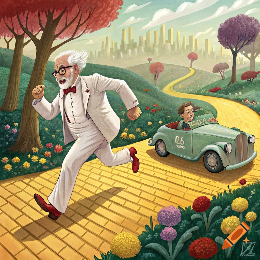 Cartoon illustration of Colonel Sanders running on a yellow brick road with a child in a car behind him in a fantasy landscape.