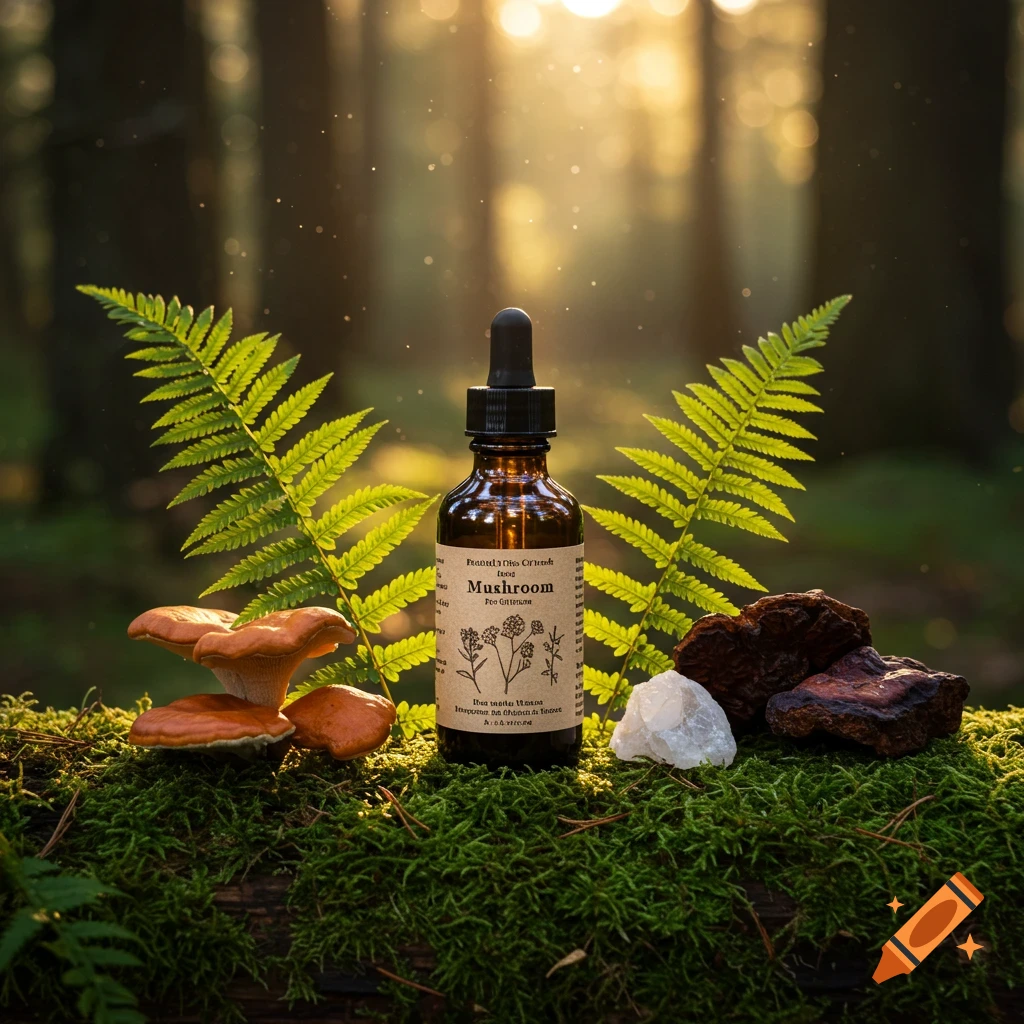 A bottle of mushroom tincture on a mossy log in a forest with mushrooms, ferns, and crystal.