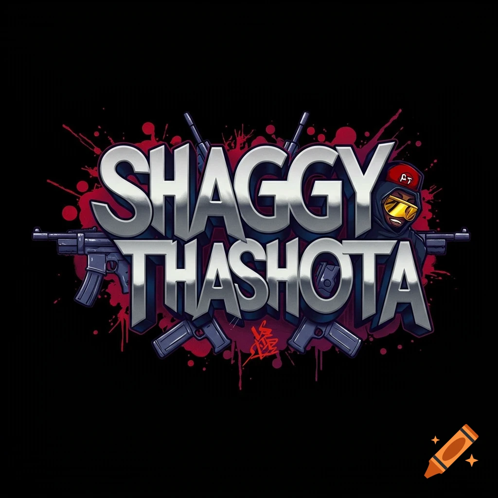 Logo with 'SHAGGY THASHOTA' text, masked character, guns, red splatter.