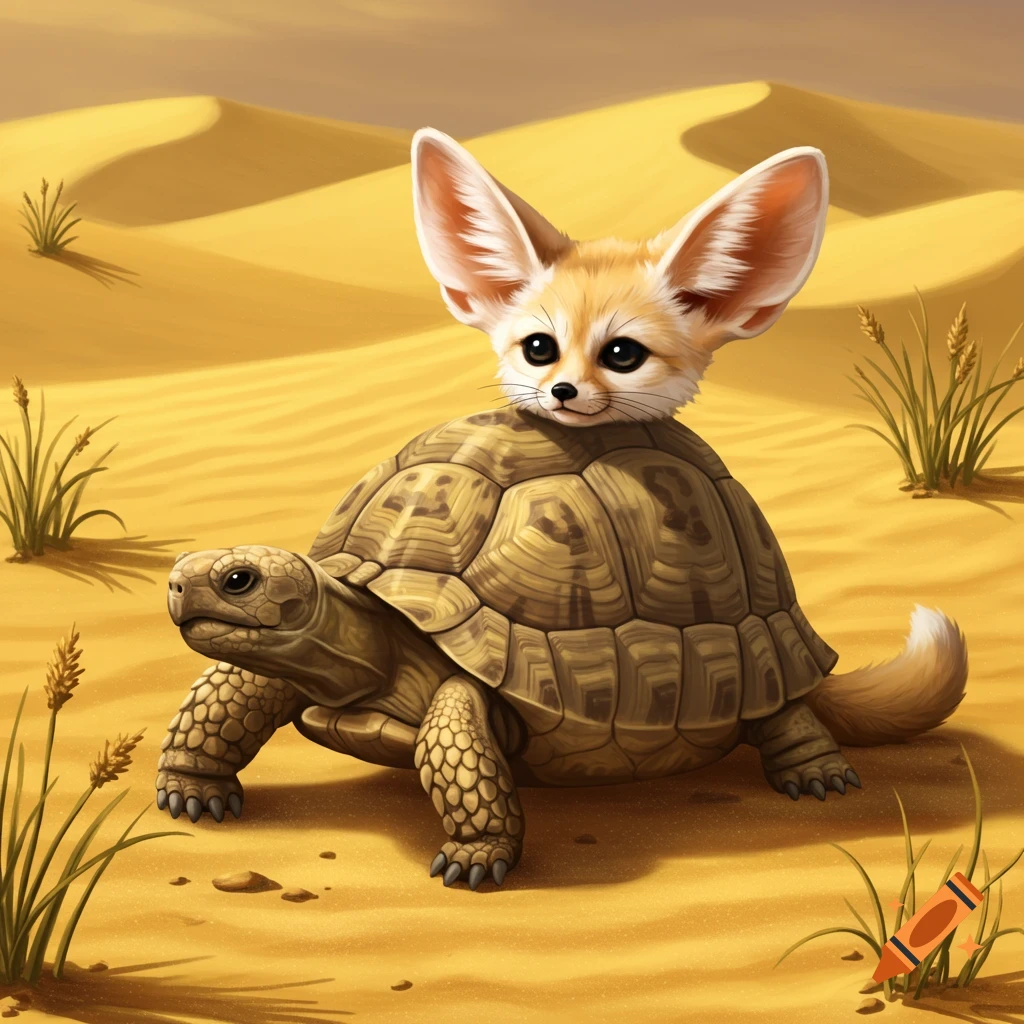 A cute fennec fox with large ears riding on the back of a tortoise in a desert.