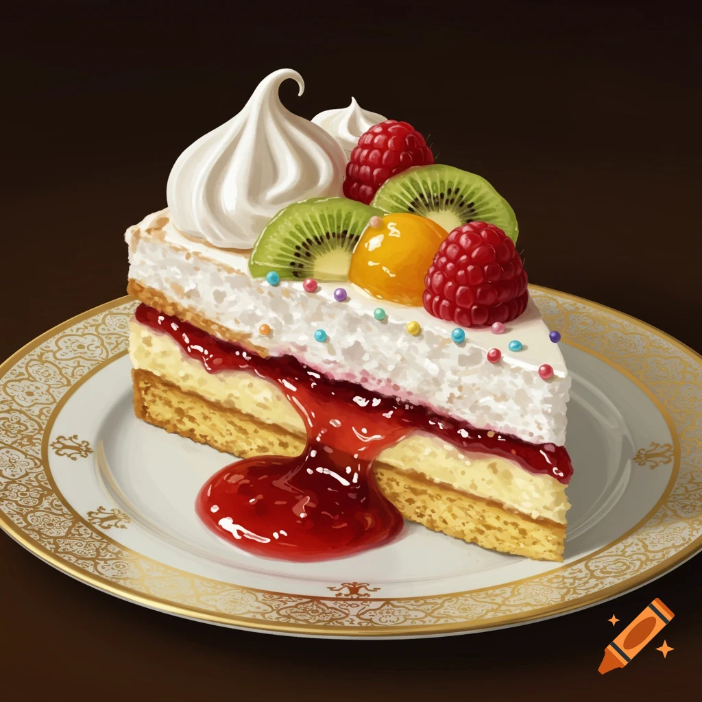 A slice of cake with meringue, berries, kiwi, and jam on a plate.