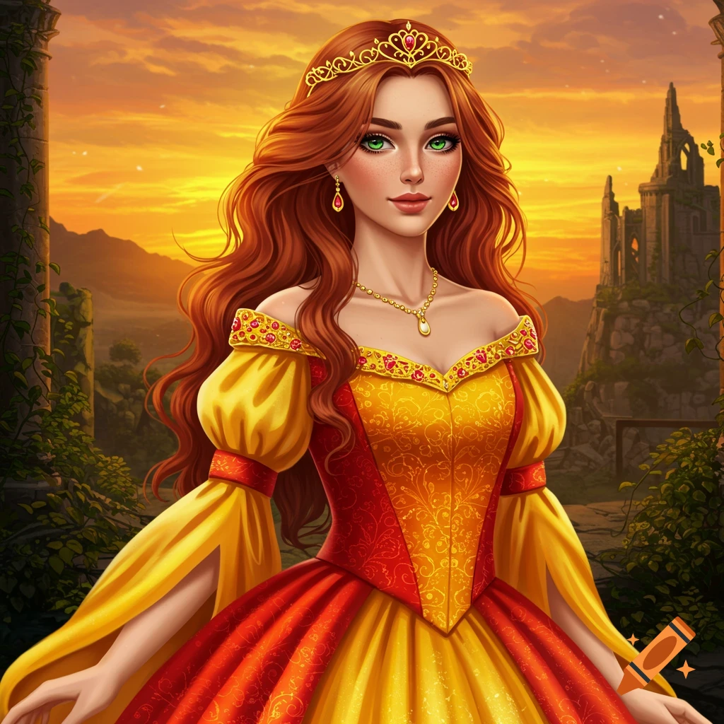 A red-haired princess in a gold and red dress with a tiara, standing before castle ruins at sunset.