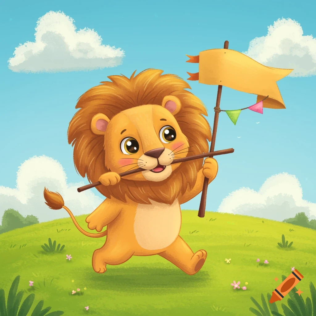 A cute cartoon lion holding a banner trots through a meadow.
