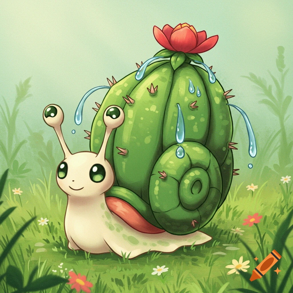 Cartoon fakemon snail with a cactus shell and flower, leaking water in a grassy field.