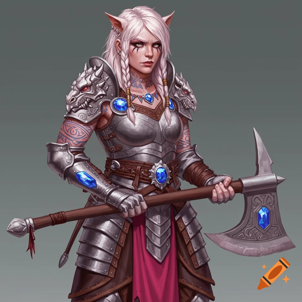 A fantasy female warrior with white hair, elf-like ears, and tattoos, wearing intricate dragon armor with blue gems and holding a large axe.