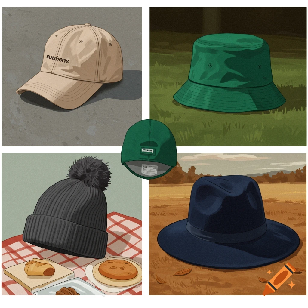 Four panels showing different hats: a tan baseball cap, green bucket hat, black beanie, and blue fedora.