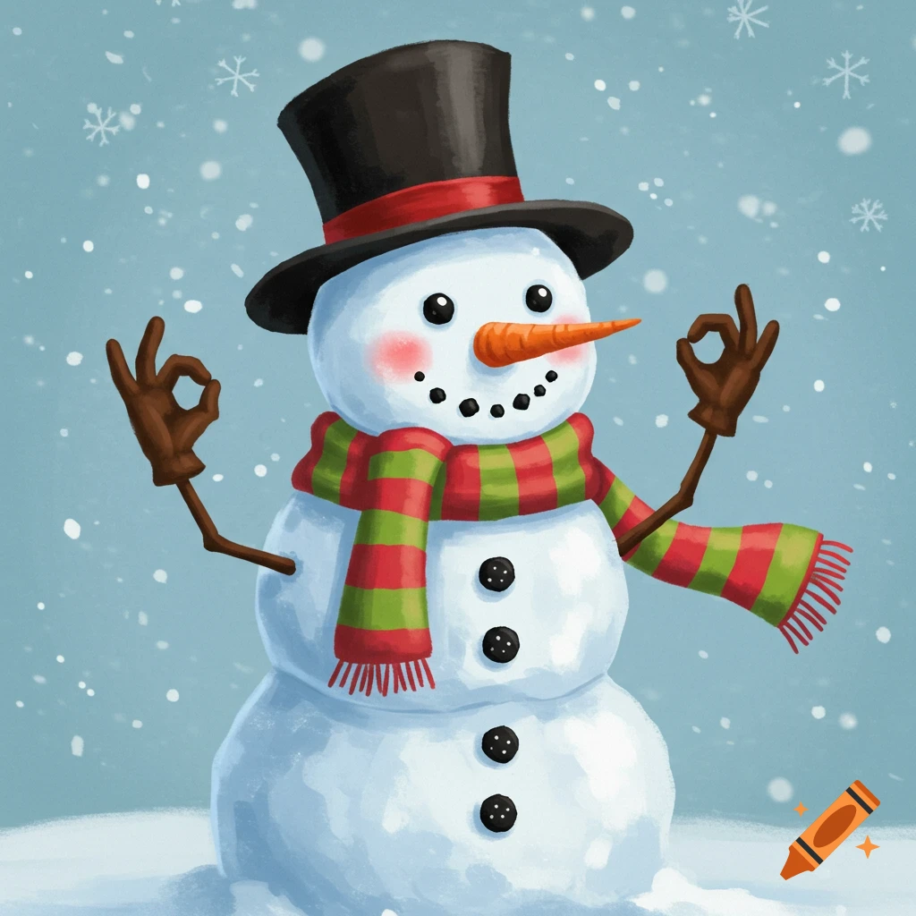 A snowman with a top hat and scarf making an OK gesture in the snow.