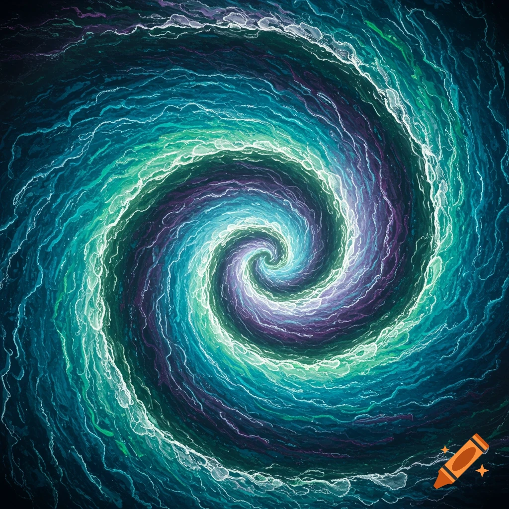Abstract swirl of teal, purple, and white lines