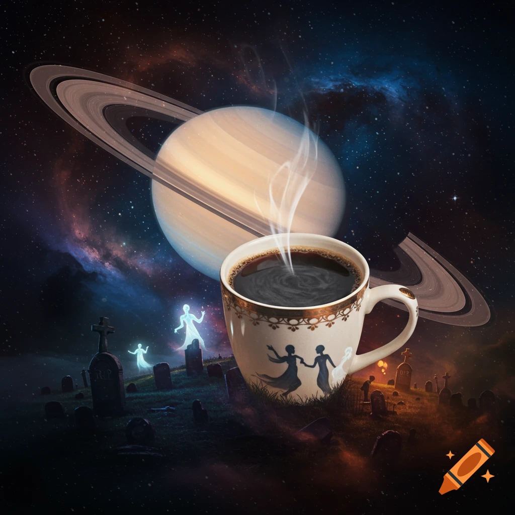 Surreal image of a coffee cup in space with Saturn behind it, overlooking a graveyard with glowing figures.
