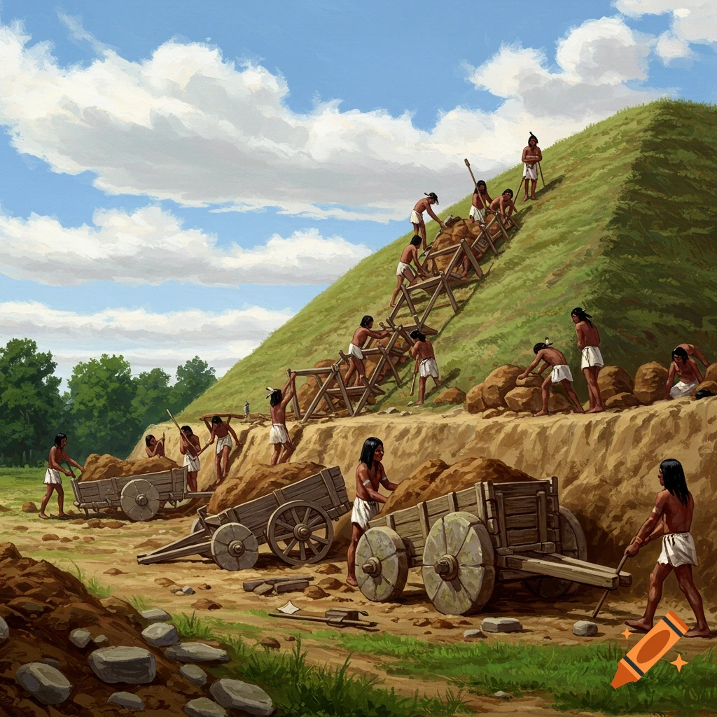 Mississippian people building a large dirt mound using wooden carts.