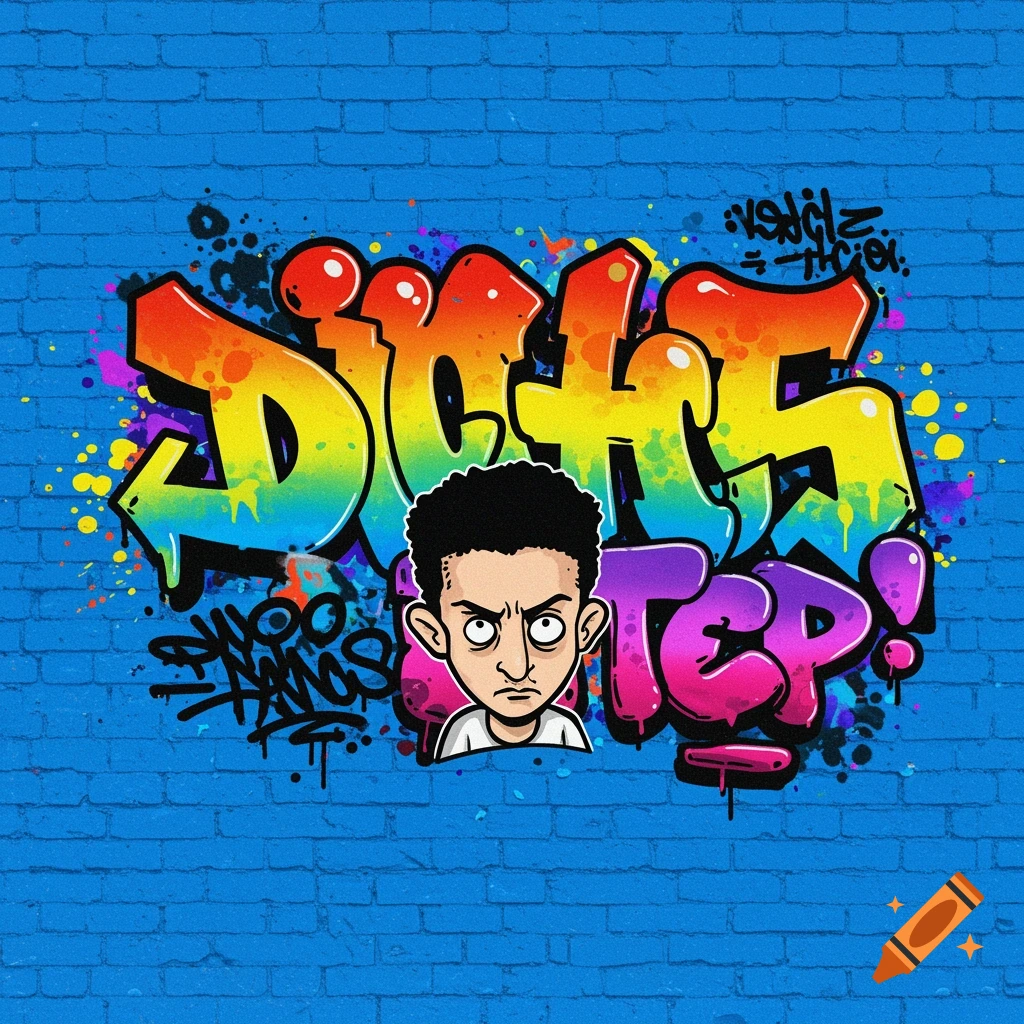 Colorful graffiti art with a cartoon head and text on a blue brick wall.