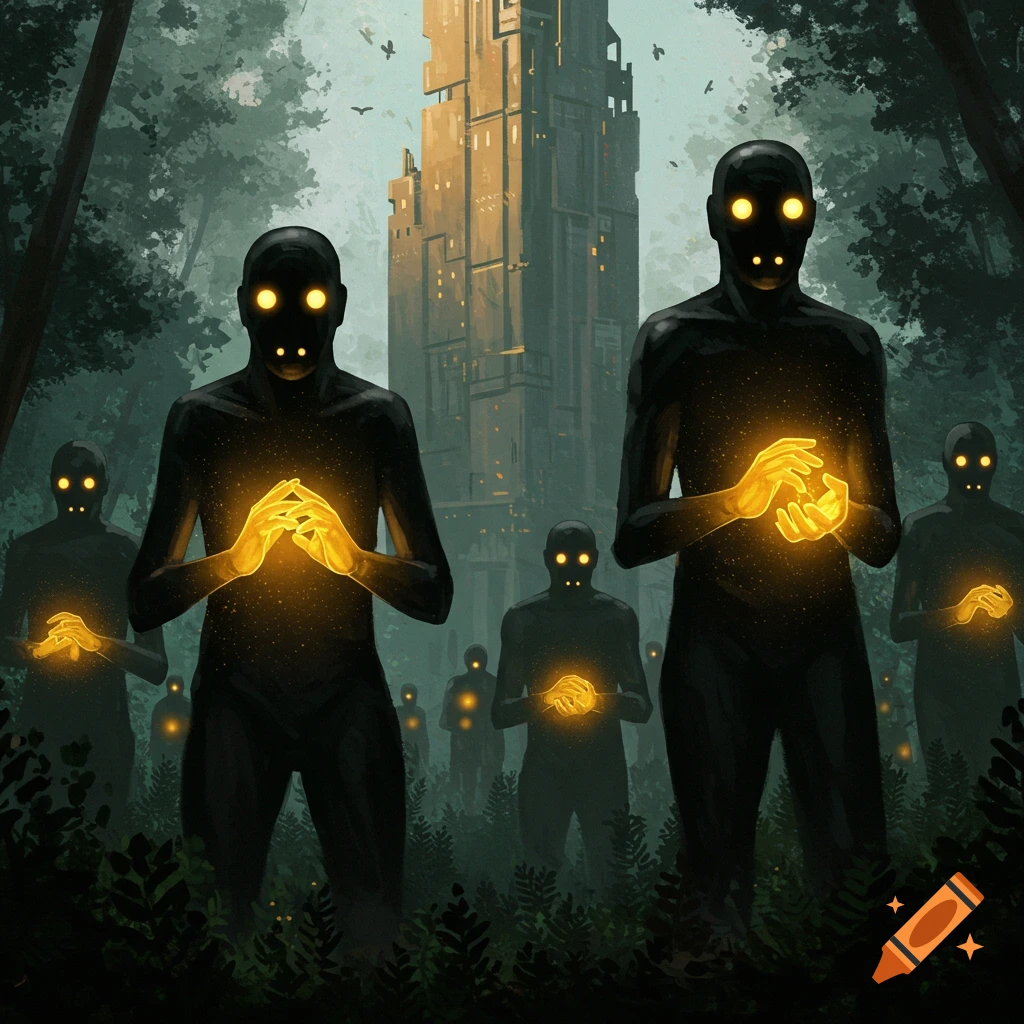 Black humanoid figures with glowing yellow eyes and hands are in a forest clearing with a towering building.