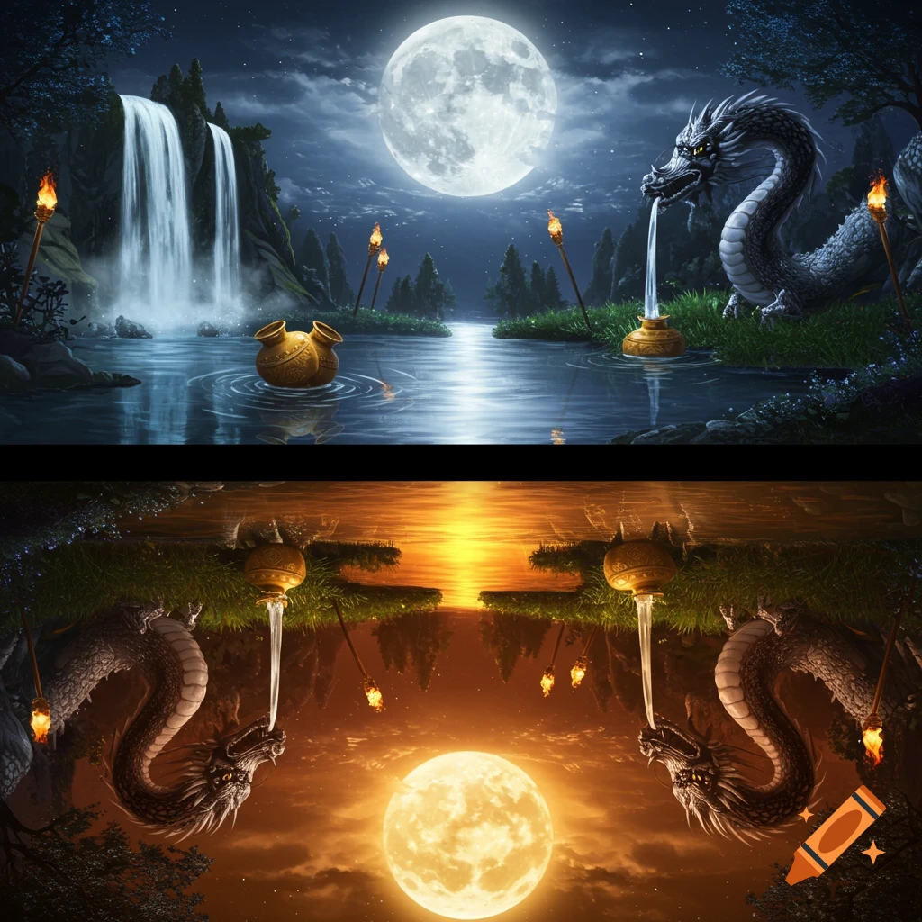 A split image. Top half shows a moonlit fantasy landscape with a waterfall, lake, and dragon. Bottom half shows an inverted sunset reflection of the same scene.