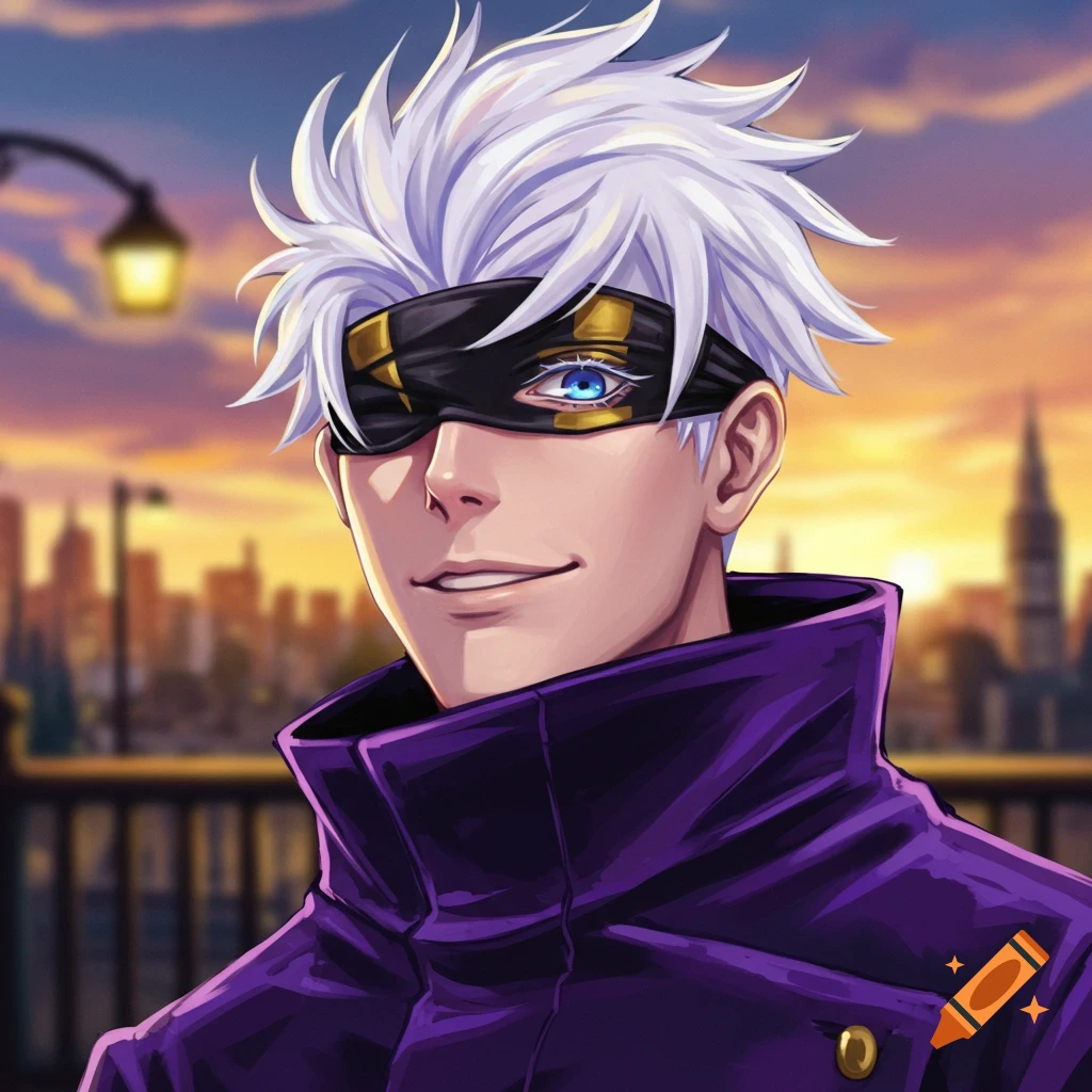 An anime character with white hair and blindfold is smiling against a sunset cityscape background.