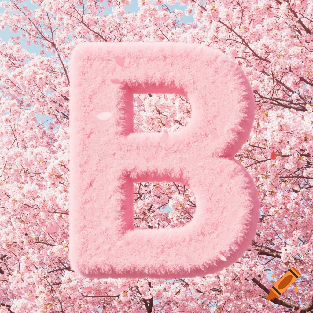 A giant pastel pink fuzzy letter B in front of a cherry blossom tree.