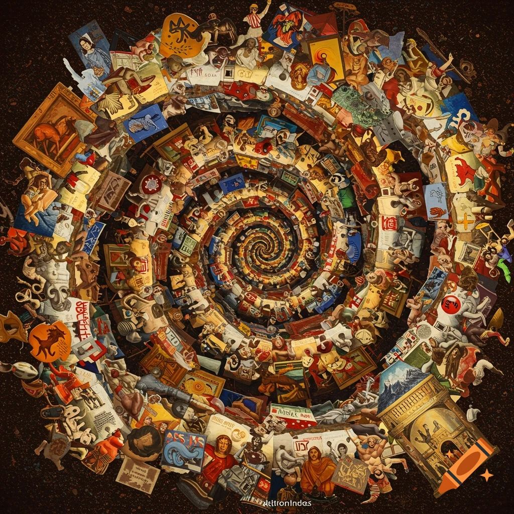 A spiral collage of diverse artworks.