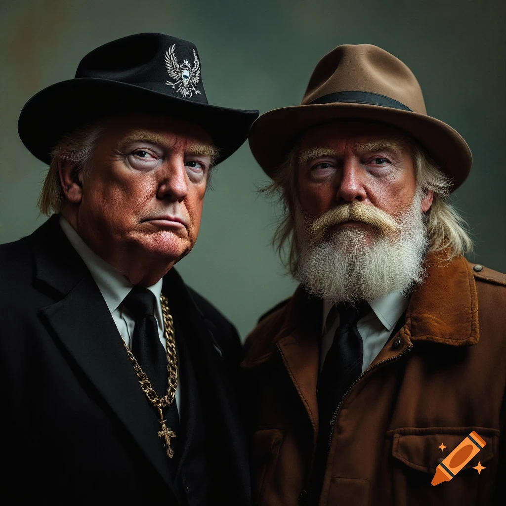 Two men resembling Trump and Vance pose in a stylized portrait as gang members, wearing hats and suits.