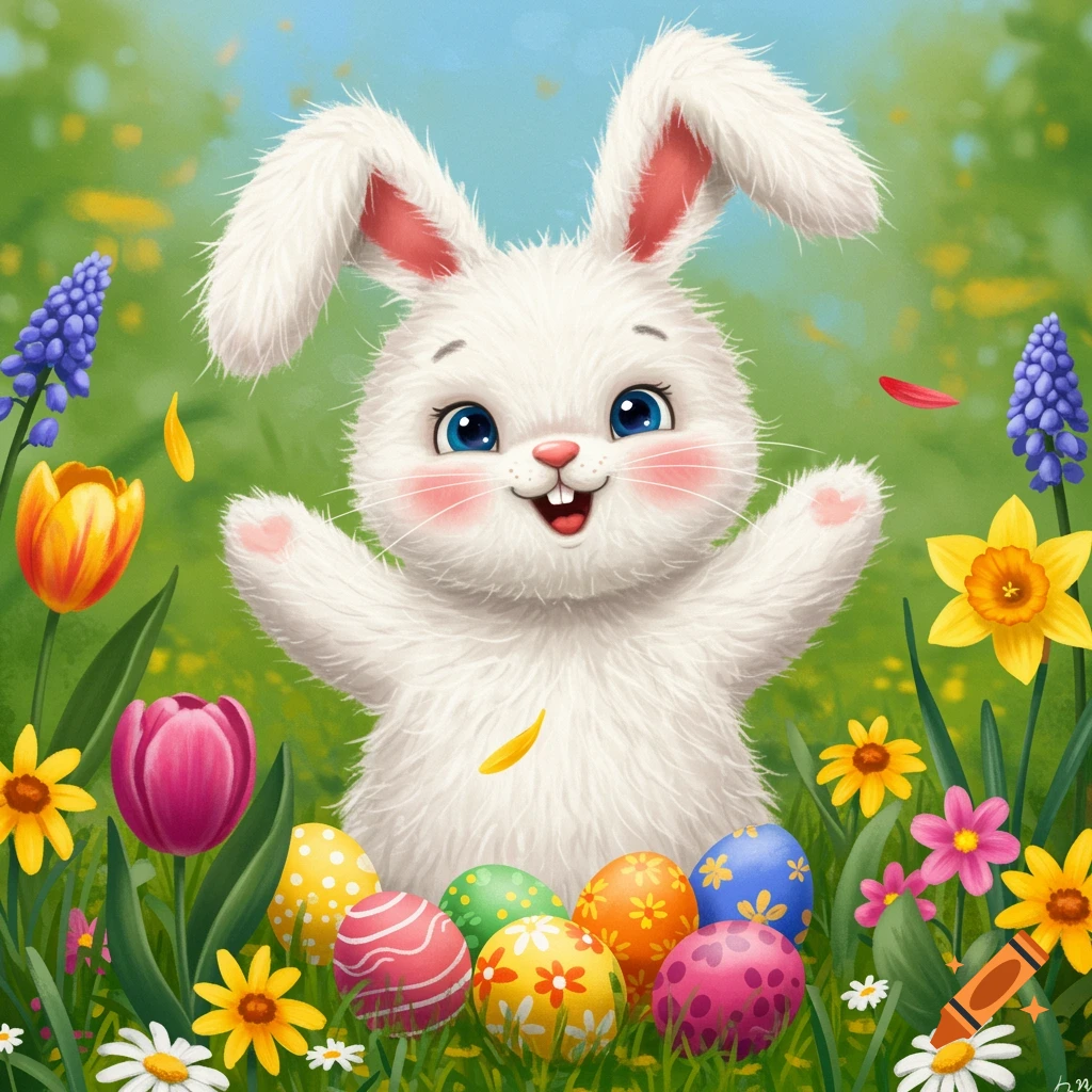 Cute Easter bunny surrounded by colorful eggs and flowers in a meadow illustration.