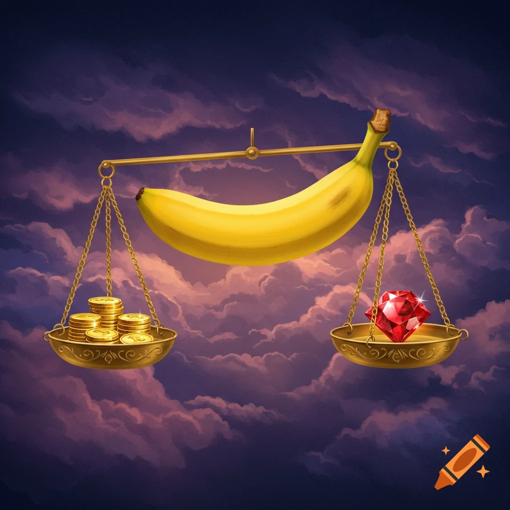 A balance scale with a banana on one side and coins and a red gem on the other, against a cloudy sky.