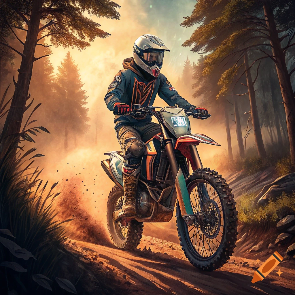 Person riding a dirtbike on a dusty forest path, digital illustration style.