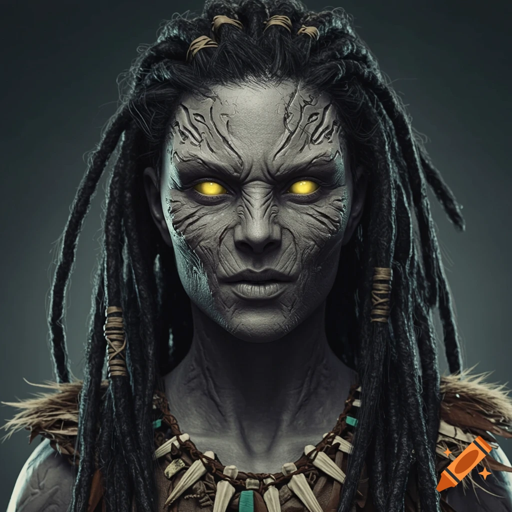 Close-up portrait of a huntress with grey skin, yellow eyes, and dreadlocks, wearing tribal clothing.