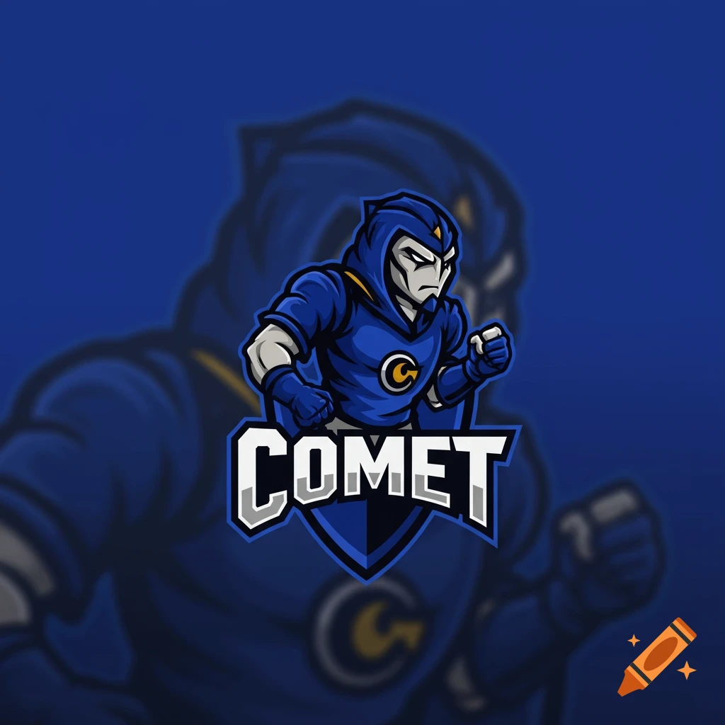 Esports logo of a stylized blue masked character with a shield and the word COMET.